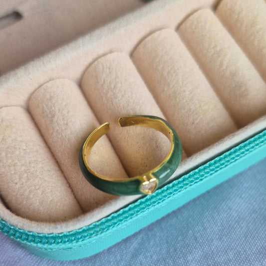 Green Heart Diamond Enamel Ring