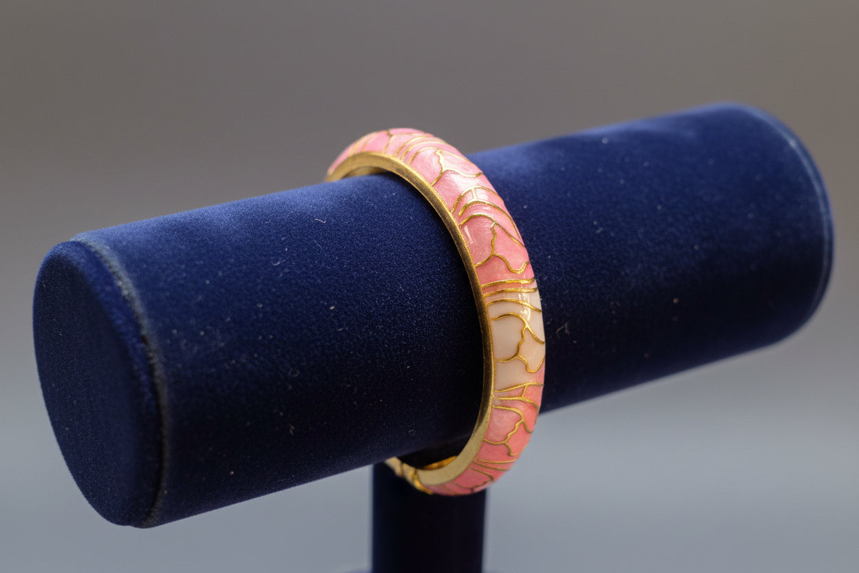 Enamel Pink White flower Openable Bangle Bracelet