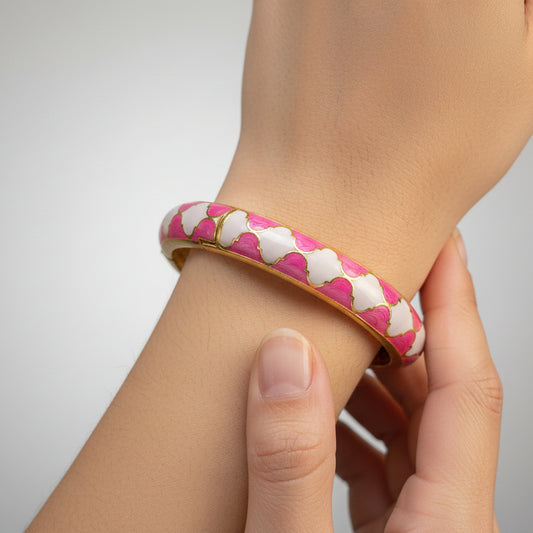 Enamel Dark Pink White Clover Openable Bangle Bracelet