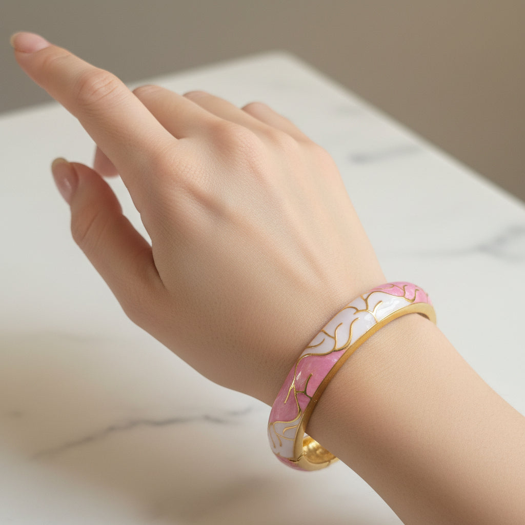 Enamel Pink Branch Openable Bangle Bracelet