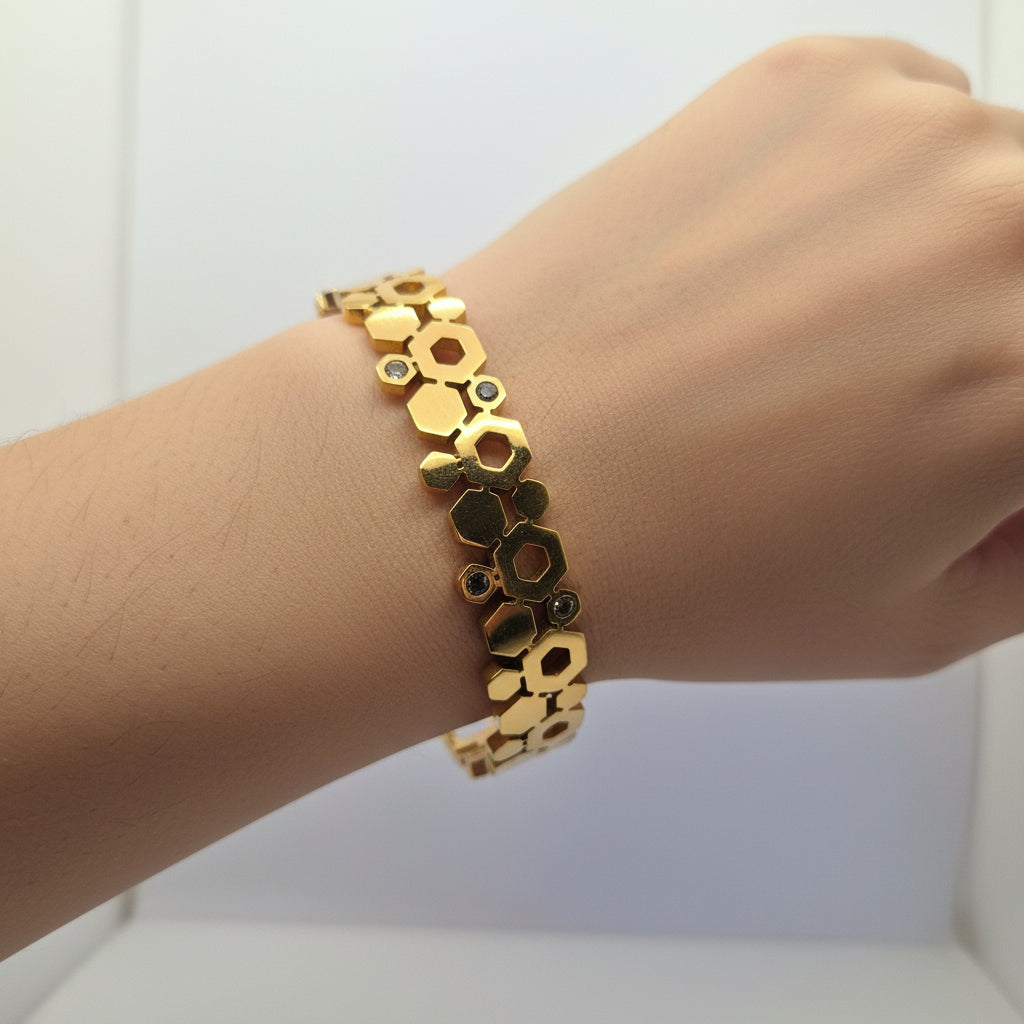 Hexagon Diamond Studded Gold Openable Bracelet