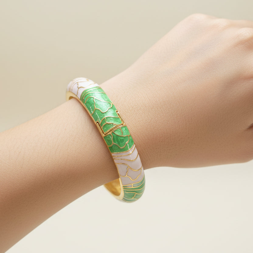 Enamel Pastel Green Flower Openable Bangle Bracelet