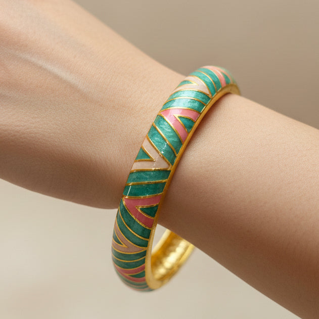 Enamel Green Pink Openable Bangle Bracelet