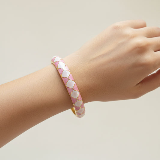 Enamel Pink White Clover Openable Bangle Bracelet