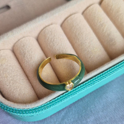 Green Heart Diamond Enamel Ring