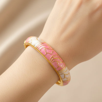 Enamel Pink White flower Openable Bangle Bracelet