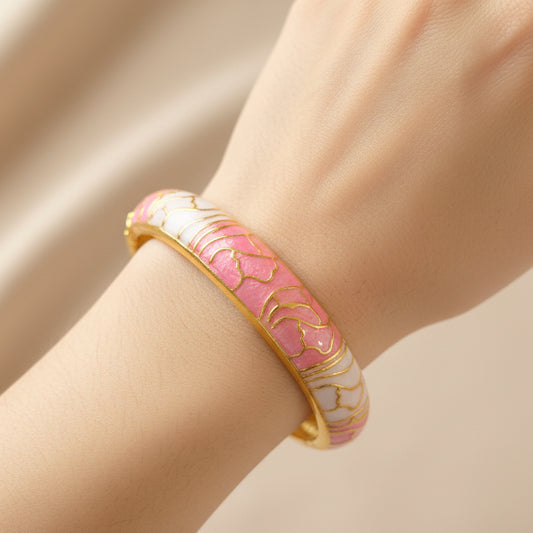 Enamel Pink White flower Openable Bangle Bracelet