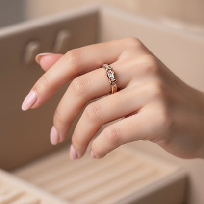 Rose gold ring in a jewelry box on a textured surface