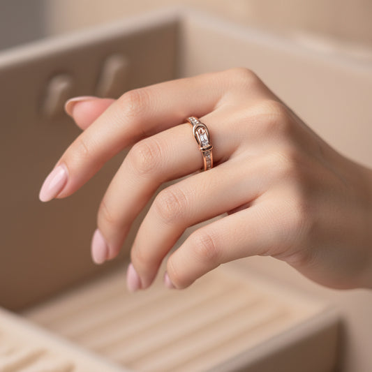 Rose gold ring in a jewelry box on a textured surface